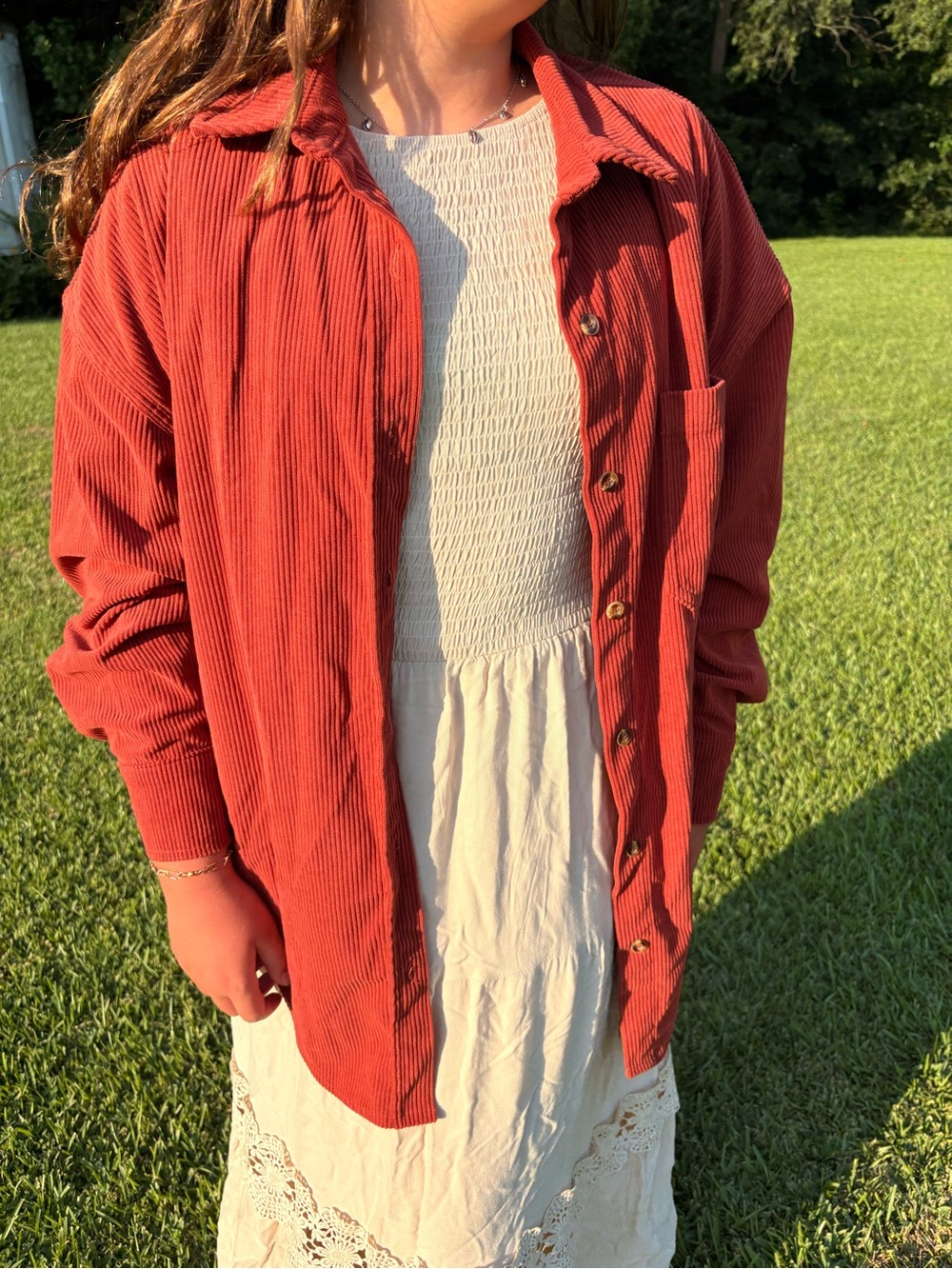 Oversized Corduroy Button-Down Shirt in Rust for Women